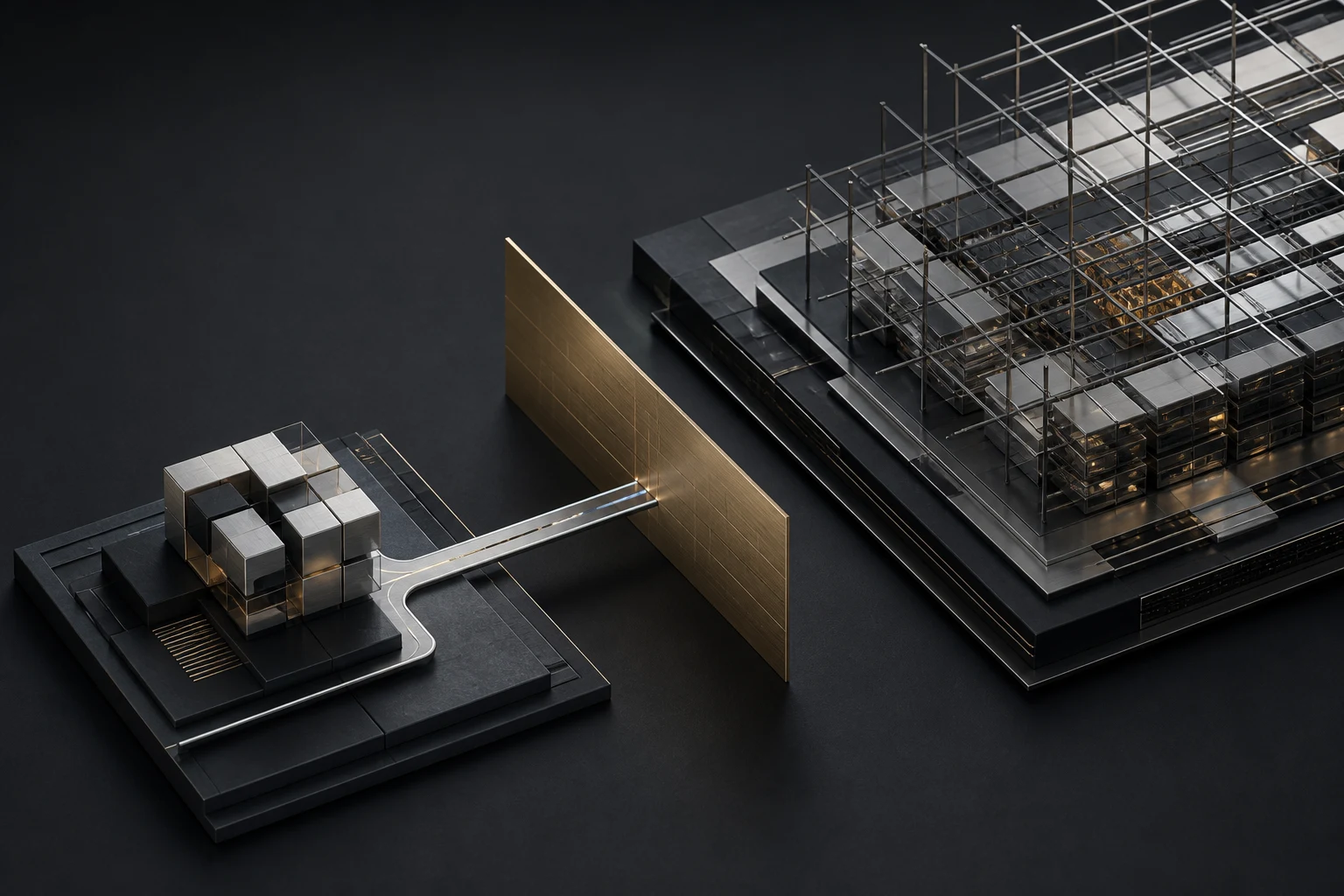 Editorial metaphor: a silver execution path from a development structure stops at a brass authority plane before an intact production-data lattice. It is not product proof.